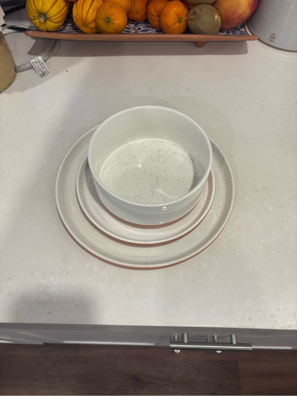 Our Place - Speckled White Ceramic Bowl & Plate Set with Tan Rim
